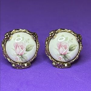 Vintage & Elegant Gold and Pink Rose Clip on Earrings